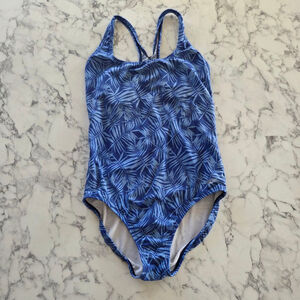 Speedo Palm Print One Piece Blue Purple Swim Suit Size 10 Lined Bathing Suit